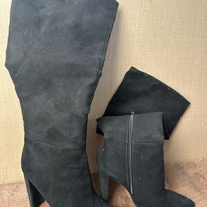 Fashion Nova Black Suede Knee-High Block Heel Boots